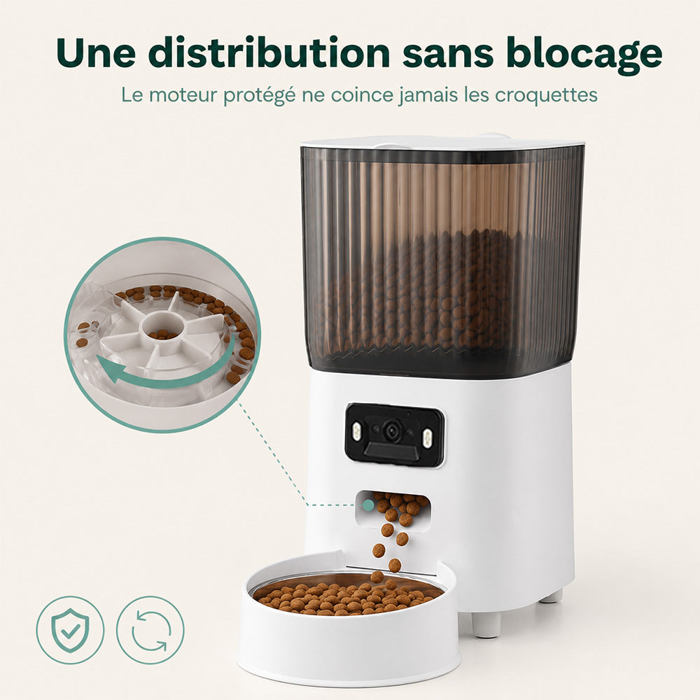 Mécanisme de distribution sans blocage du distributeur de croquettes Nalo