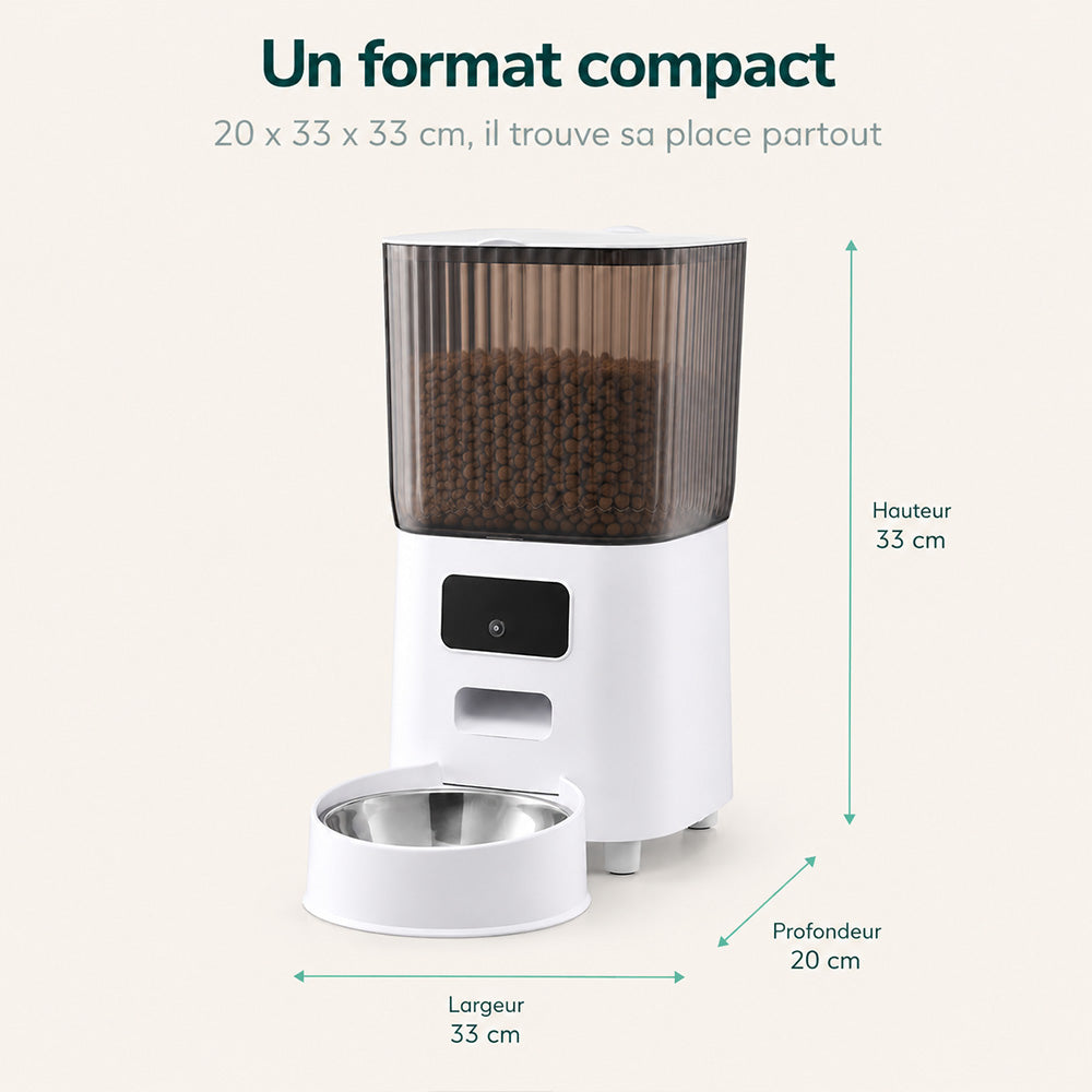 Format compact du distributeur de croquettes Nalo, 20 x 33 x 33 cm