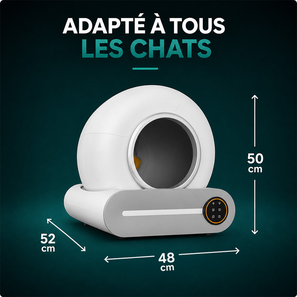 Dimensions de la litière automatique Simba avec un chat pour l'échelle