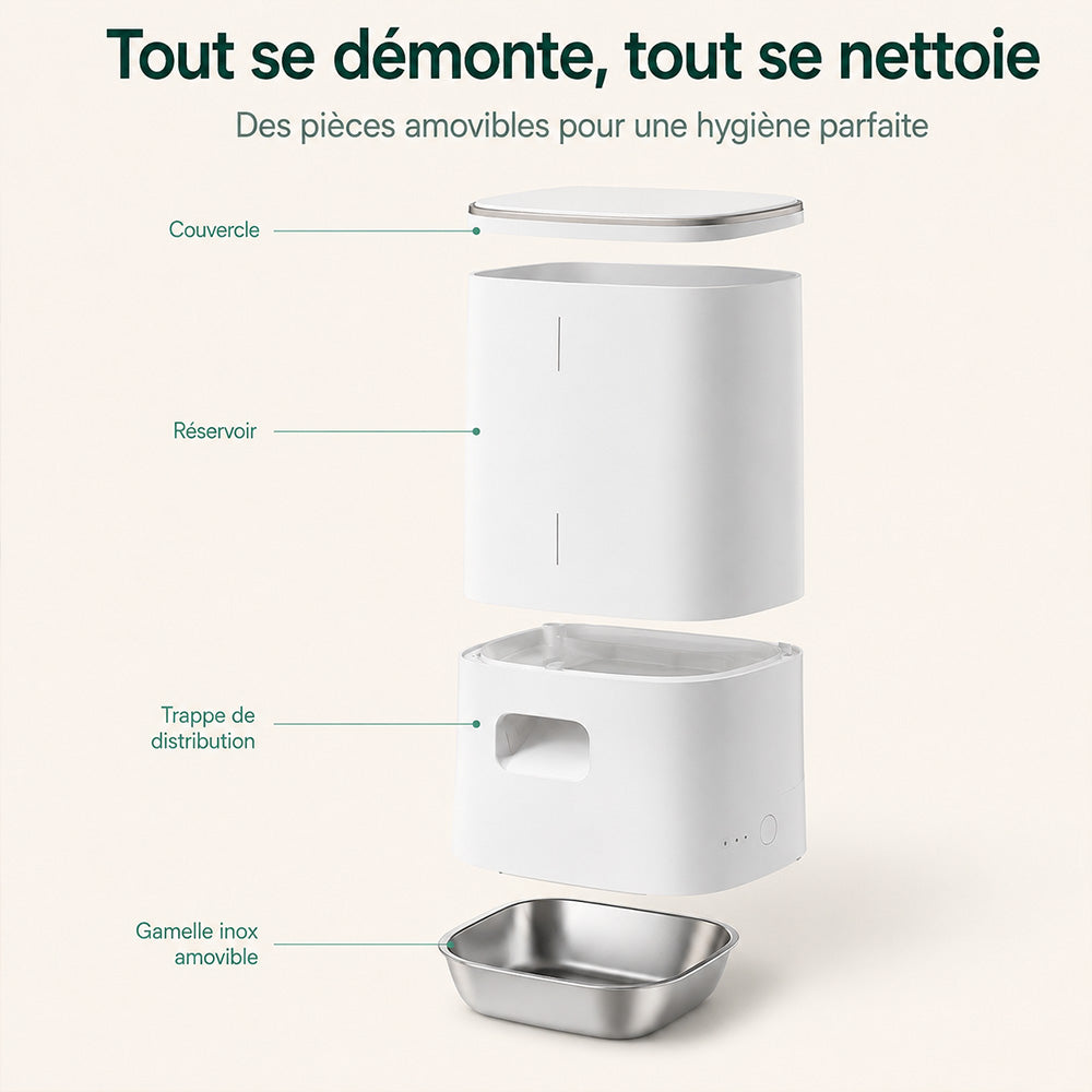 Pièces amovibles du distributeur de croquettes Rivo pour le nettoyage