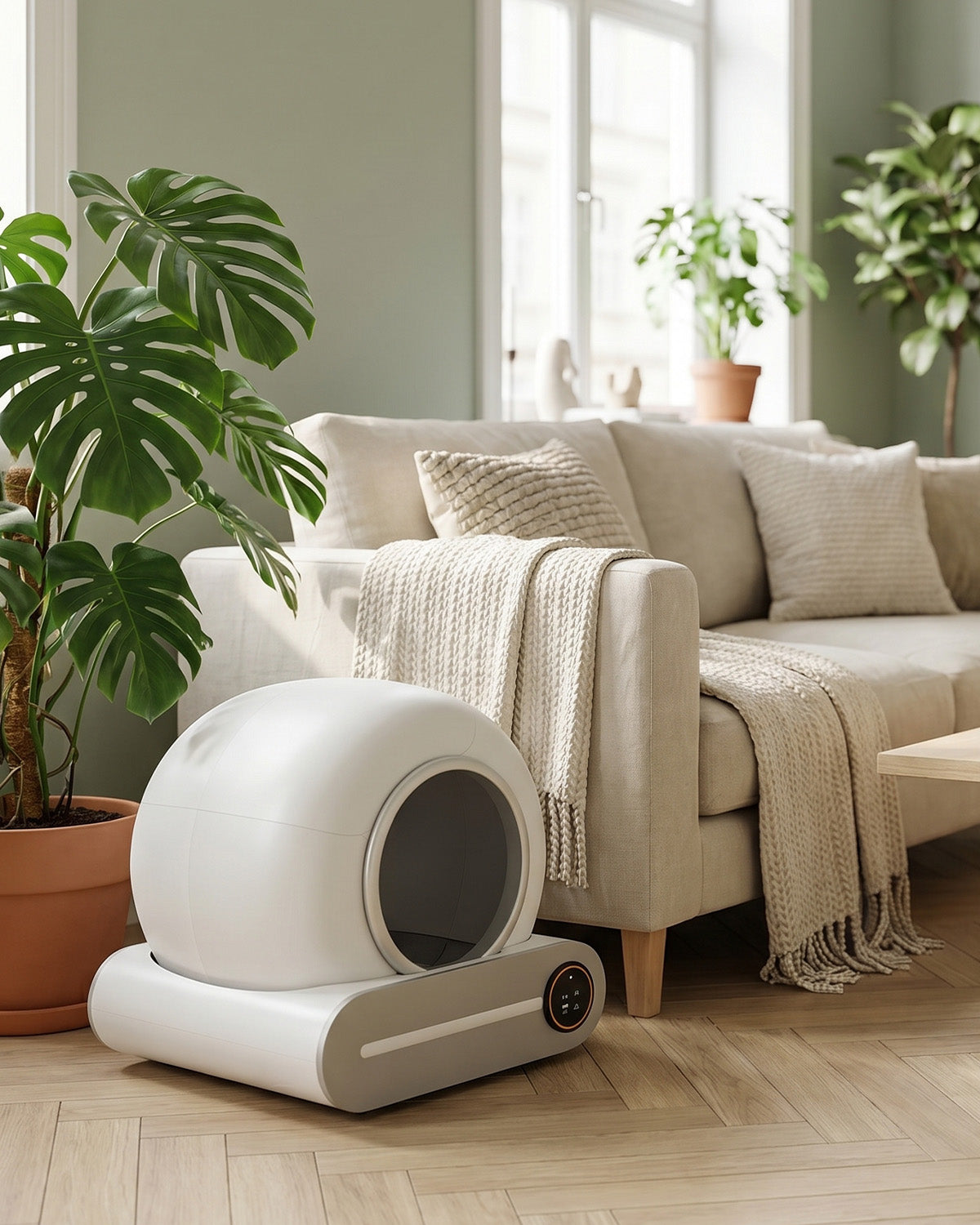 Litière automatique Mignou dans un salon lumineux